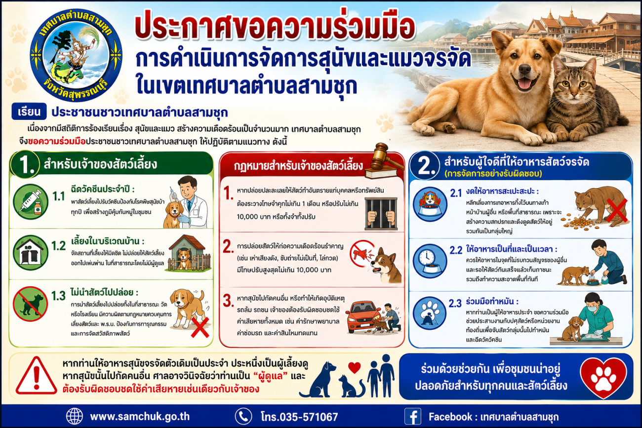 ประกาศขอความร่วมมือ..."การดำเนินการจัดการสุนัขและแมวจรจัดในเขตเทศบาลตำบลสามชุก"